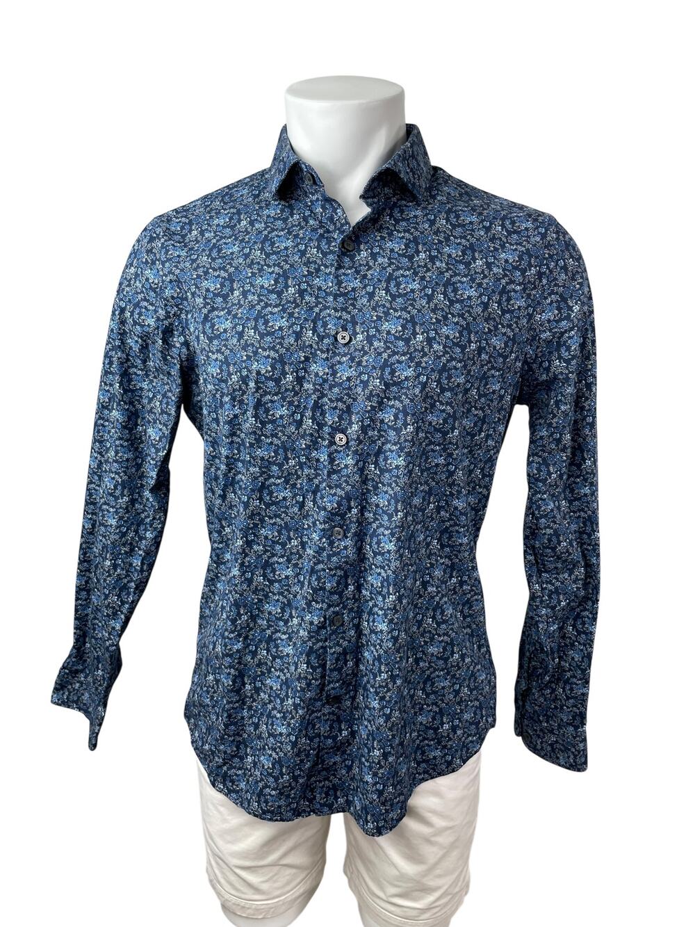 Express Men's Blue Floral Long Sleeve Casual Career Button Down Shirt Top Size L